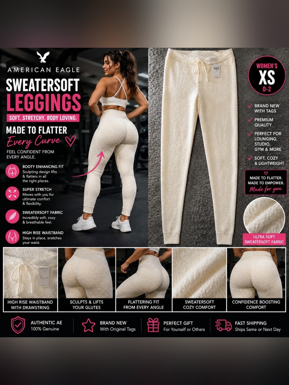American Eagle Sweatersoft High-Rise Ankle Leggings White XS Drawstring Stretch
